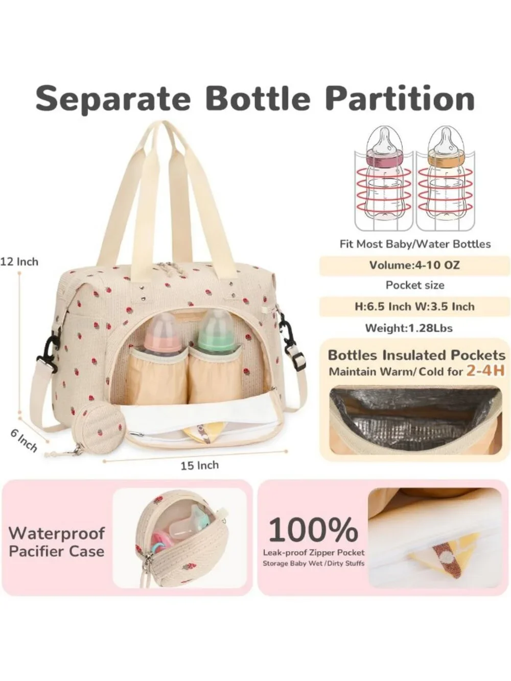 Stylish Beige Strawberry Diaper Bag Tote | Large Capacity, Corduroy